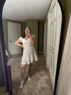 White V-Neck Ruffle Sleeve Mini Dress